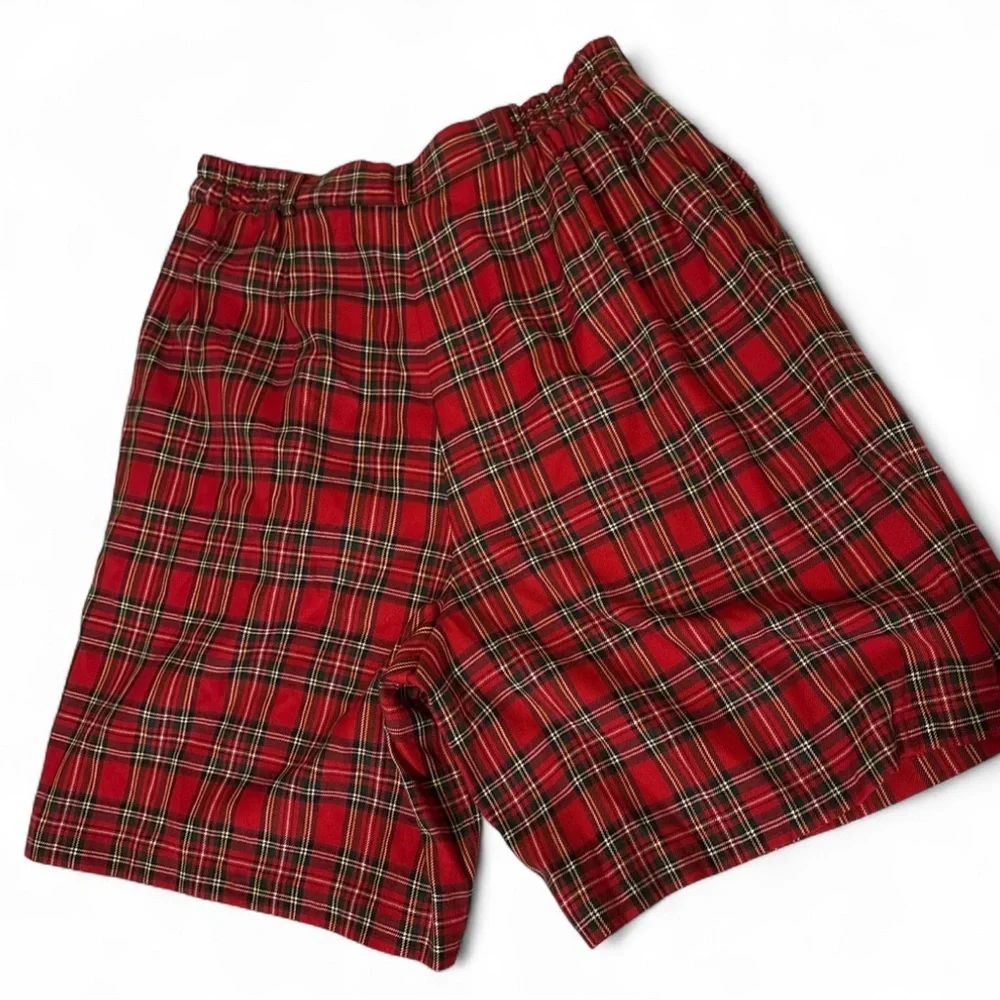 Vintage 90s Karen Scott Red Tartan Plaid Pleated High Waist Golf Mom Shorts 10